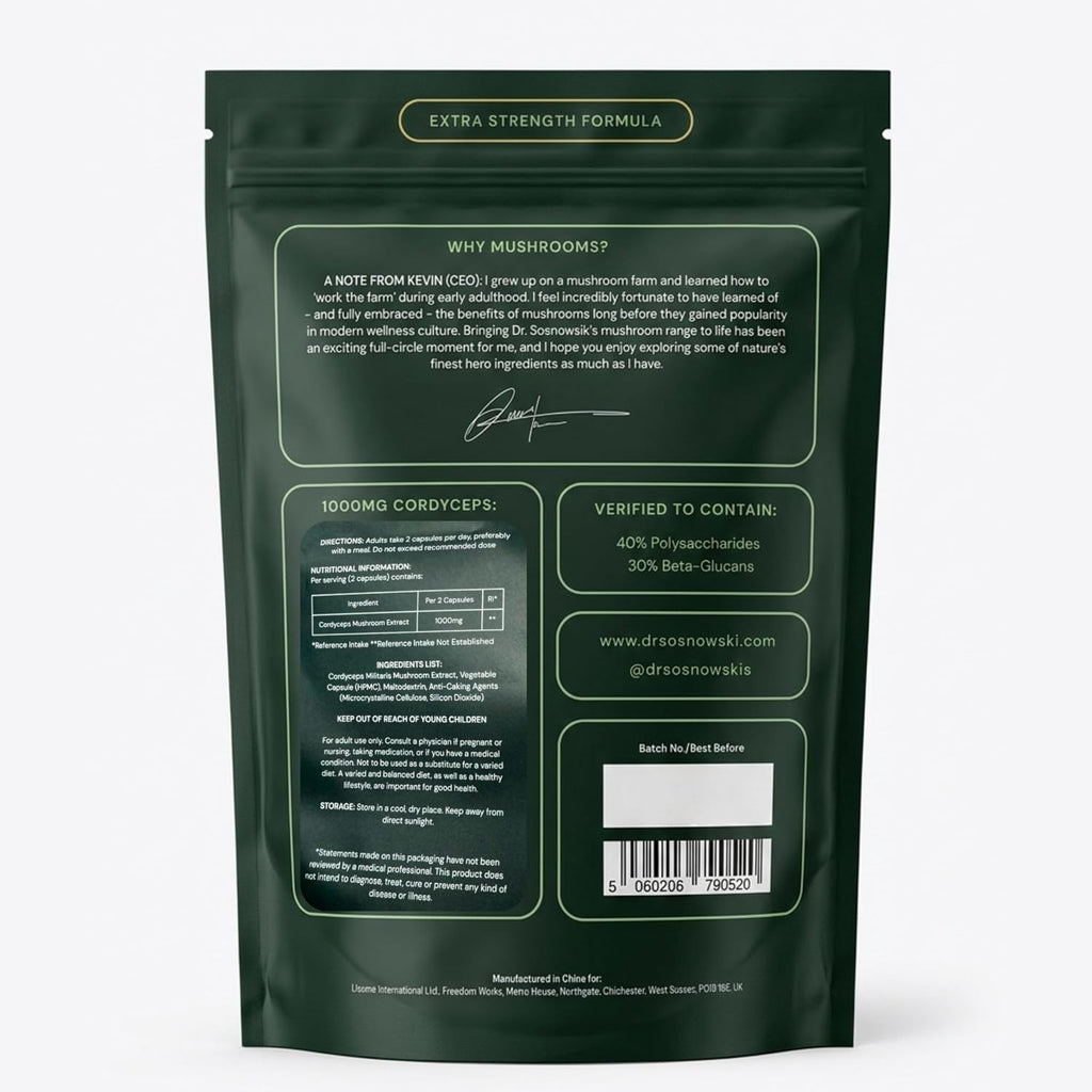 Dr Sosnowski's BioActive Cordyceps Mushroom Capsules - Extracto de Cordyceps 1000mg (120 Cápsulas)