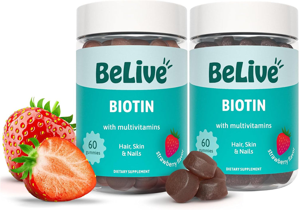 BeLive Biotin Gummies with MultiVitamins, Folate, Inositol – Supports Hair Growth, Healthy Skin & Nails – Vegan, Pectin Based – Strawberry Flavor (2)