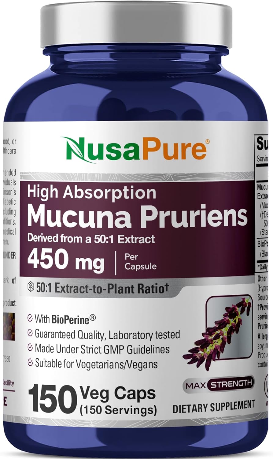NusaPure Mucuna Pruriens Cápsulas, 450 mg, 150 Cápsulas Vegetales (Sin Gluten, No OGM)