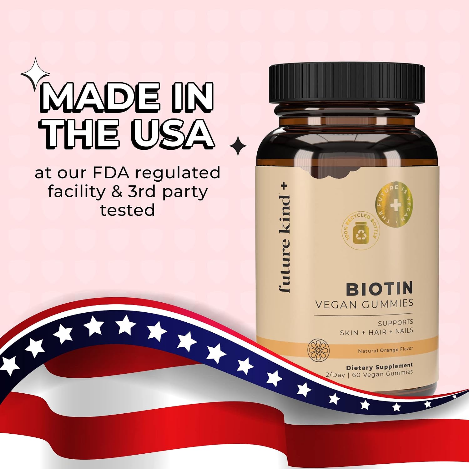 Future Kind Gominolas Veganas de Biotina para Cabello, Piel y Uñas – Colágeno Vegano con Vitaminas A, C y E – Sabor Fresa Natural – 30 Gominolas