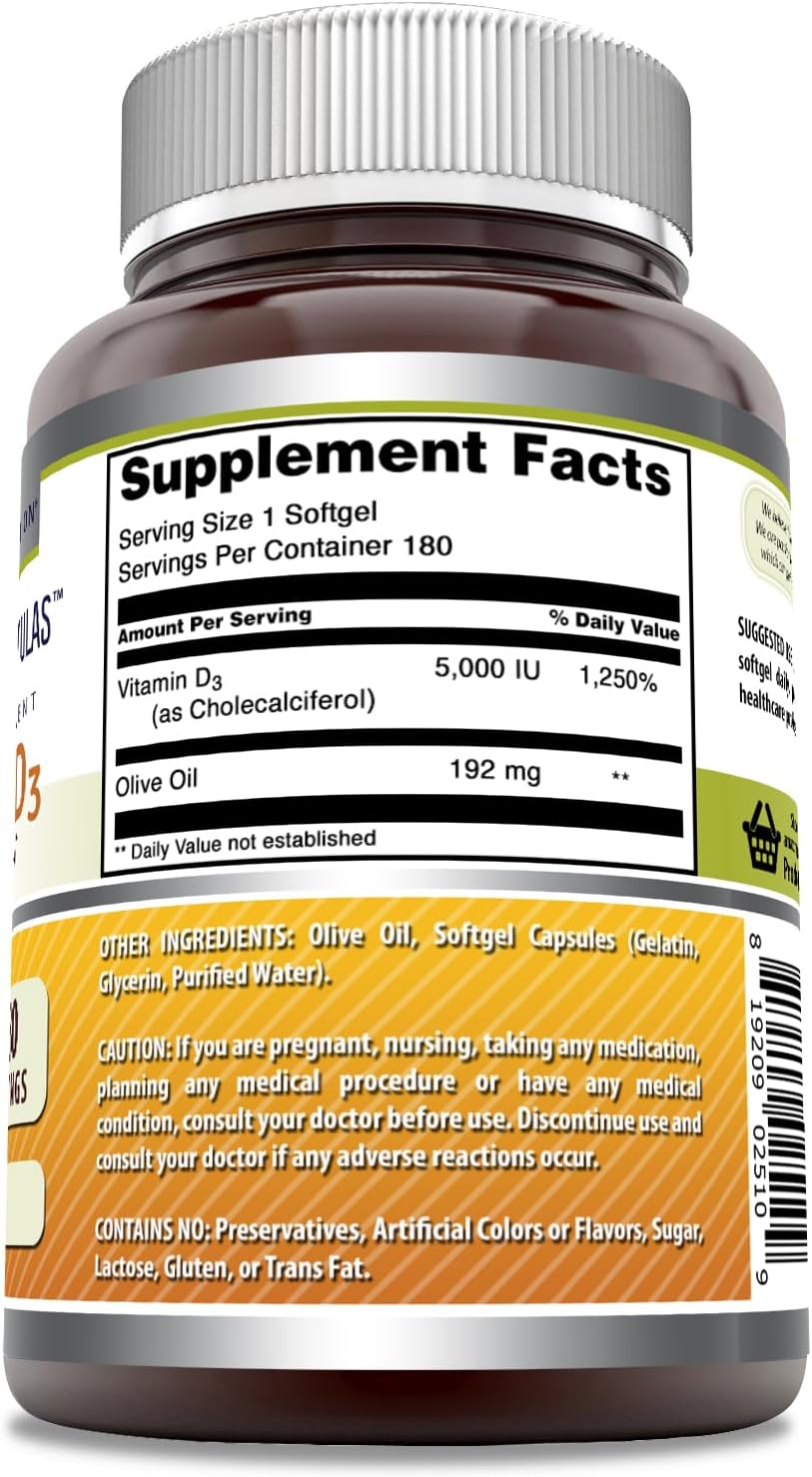 Amazing Formulas Vitamina D3 con Aceite de Oliva 5000 IU - 180 Cápsulas Blandas