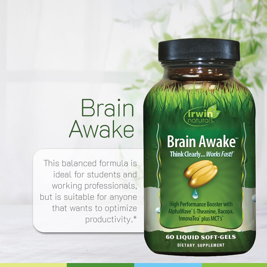 Irwin Naturals Brain Awake - Enfoque y Concentración - 60 Cápsulas Blandas Líquidas