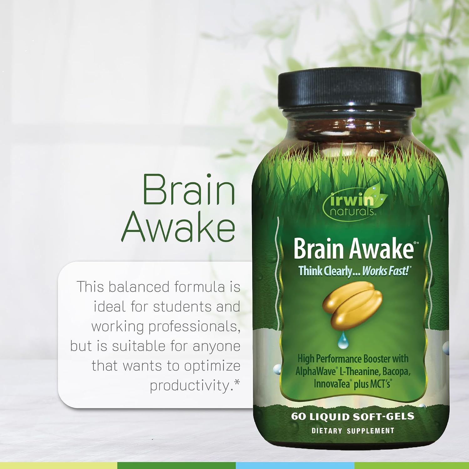 Irwin Naturals Brain Awake - Enfoque y Concentración - 60 Cápsulas Blandas Líquidas