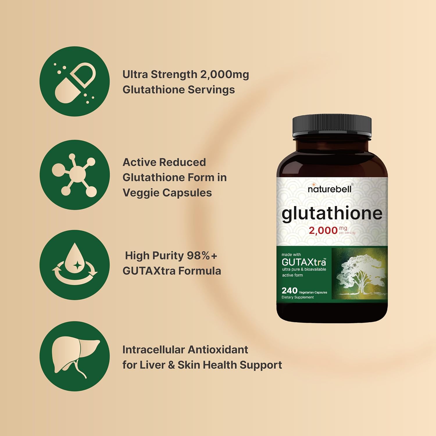 NatureBell Glutación 2.000mg por Dosis, 240 Cápsulas Veganas