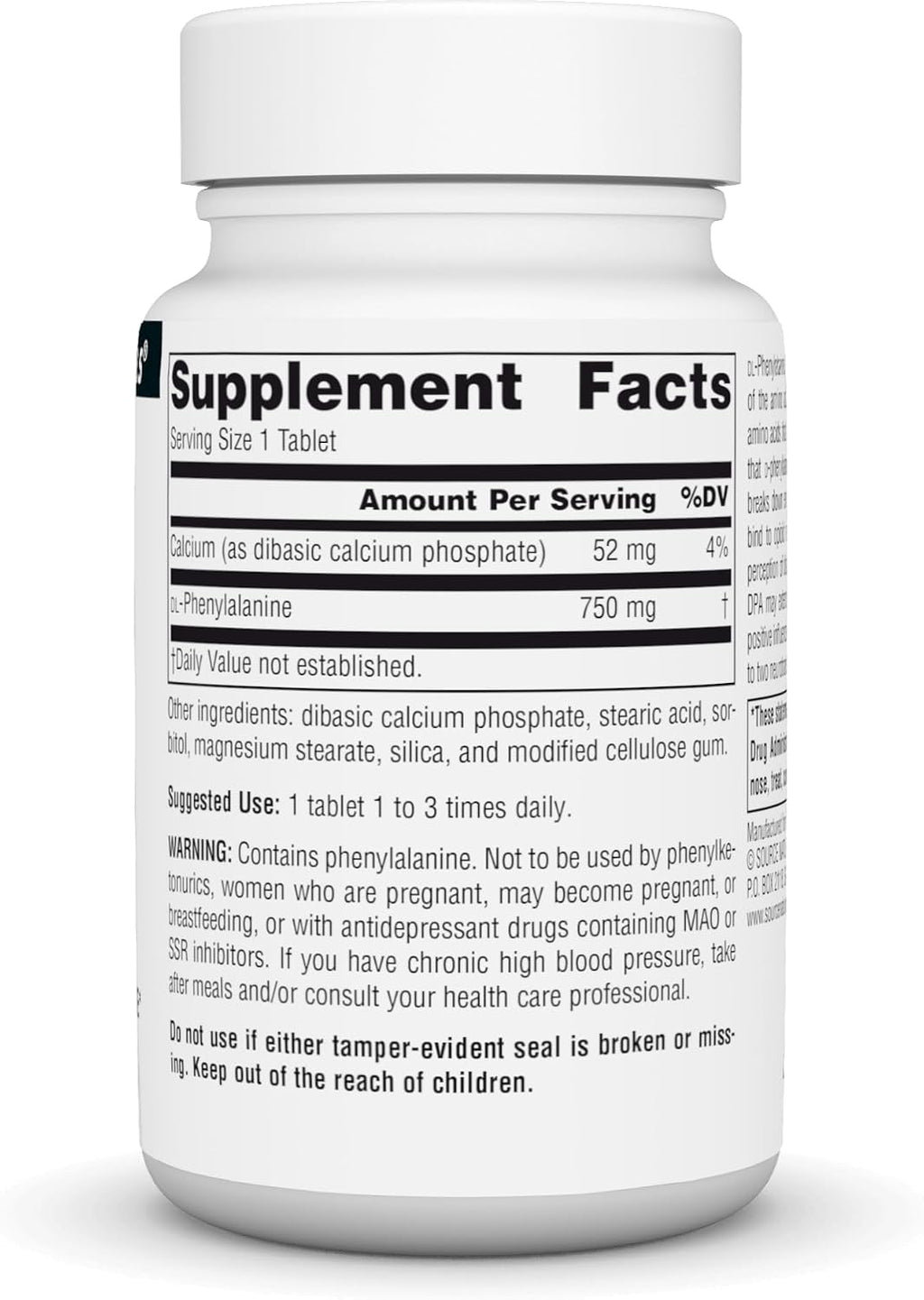Source Naturals DLPA DL-Fenilalanina 750 mg - 30 Comprimidos