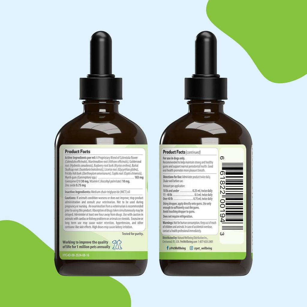 Pet Wellbeing Healthy Gums para Perros - Gotas Tópicas para Cuidado Bucal, Salud Dental y Aliento Fresco - Certificado NASC y Formulado por Veterinarios - Líquido de 118 ml