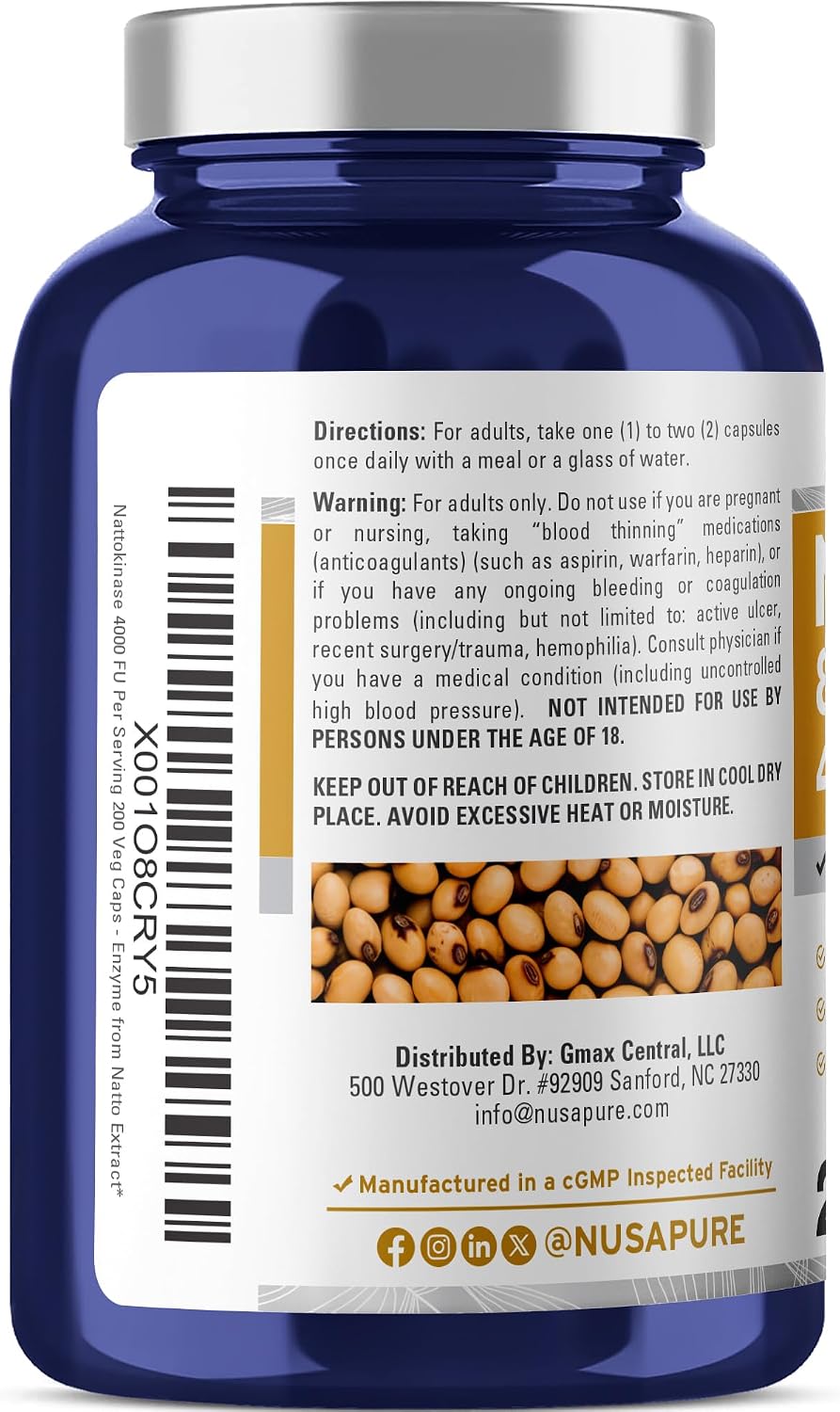 NusaPure Nattokinase 4000 FU 800mg, 200 Cápsulas Veganas