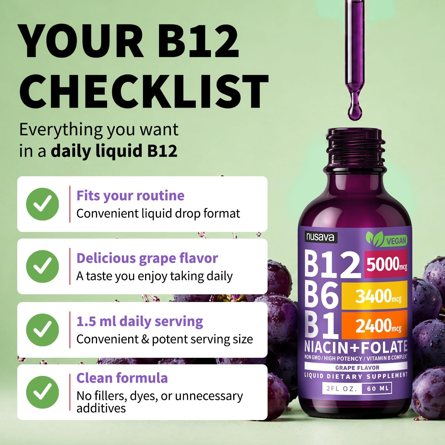 NUSAVA Pack de 2 Gotas de Vitamina B12 5000mcg - Sublingual con Complejo B - Metilcobalamina - Vegano, Sabor Uva