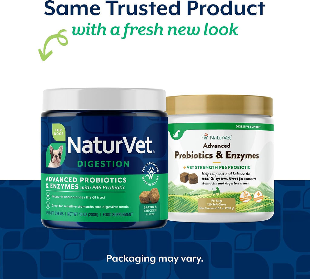 NaturVet Probióticos y Enzimas Avanzados PB6 - Masticables para Perros con Estómago Sensible, Sabor a Bacon Ahumado, 120 unidades