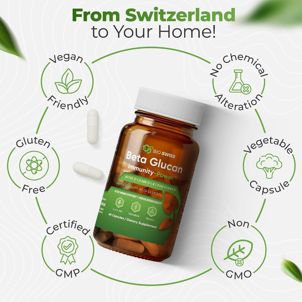Bio Swiss Beta Glucan Immunity Power - Glucano 1,3D-1,6D con Vitamina D - 60 Cápsulas