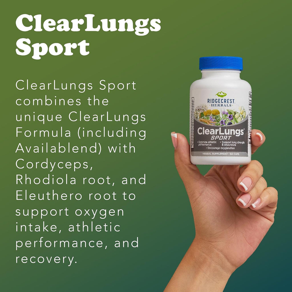 RidgeCrest Herbals ClearLungs Sport - Fórmula de Apoyo Respiratorio con Cordyceps, Rhodiola y Eleuthero | 60 Cápsulas Veganas
