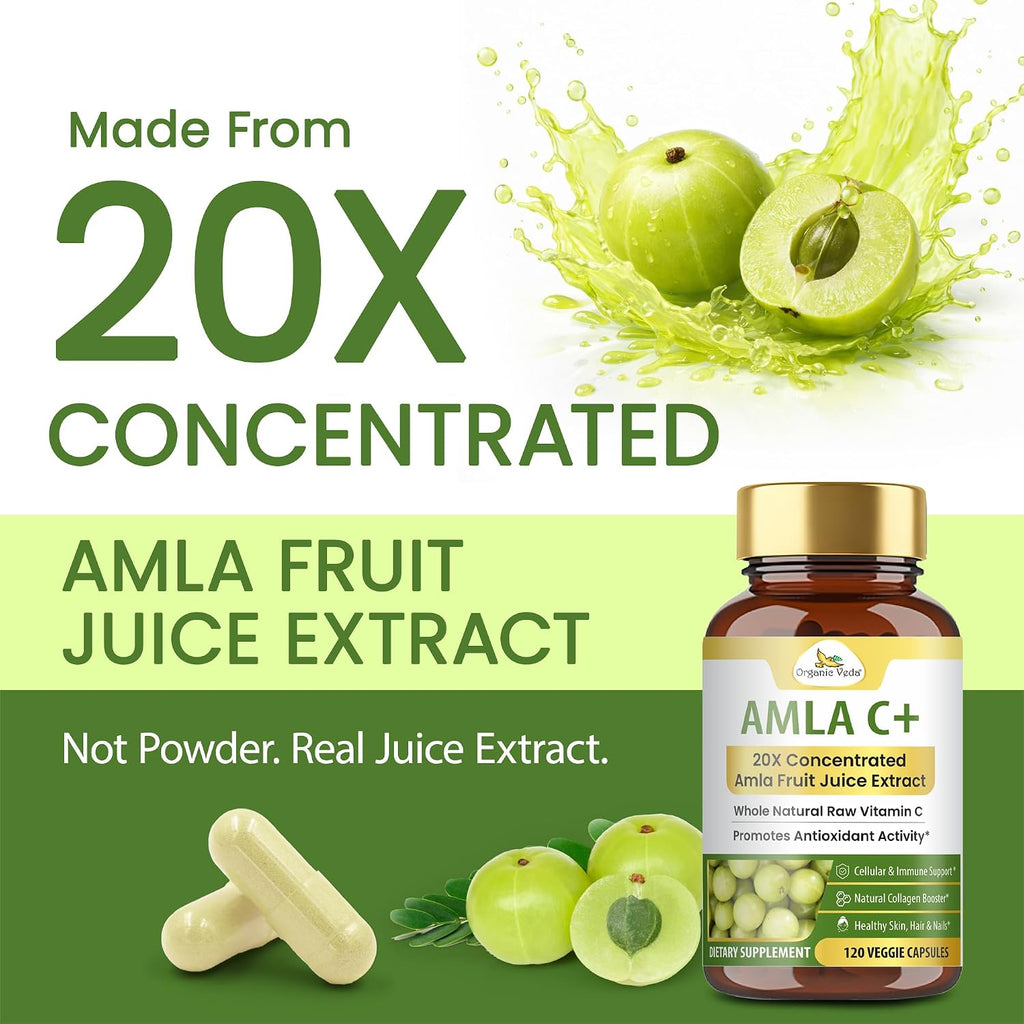 Organic Veda Amla + Cápsulas - Extracto Concentrado de Amla 20X con Vitamina C Natural