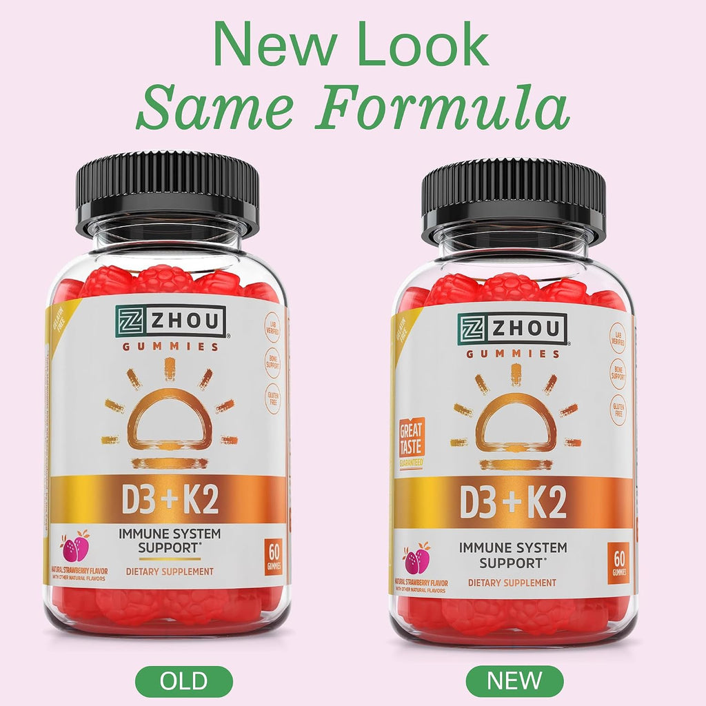 Zhou D3+K2 - Suplemento de Vitamina D3 y K2 con 5000 UI y MK-7, Gominolas Veganas (60 unidades)