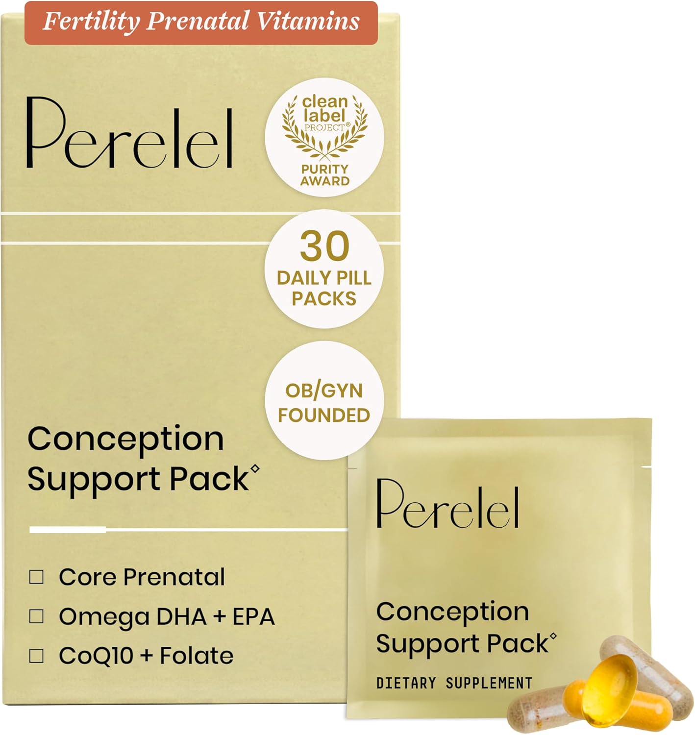 Perelel Pack de Apoyo a la Concepción con COQ10, Folato y Omega-3 DHA+EPA - 30 Sobres Diarios