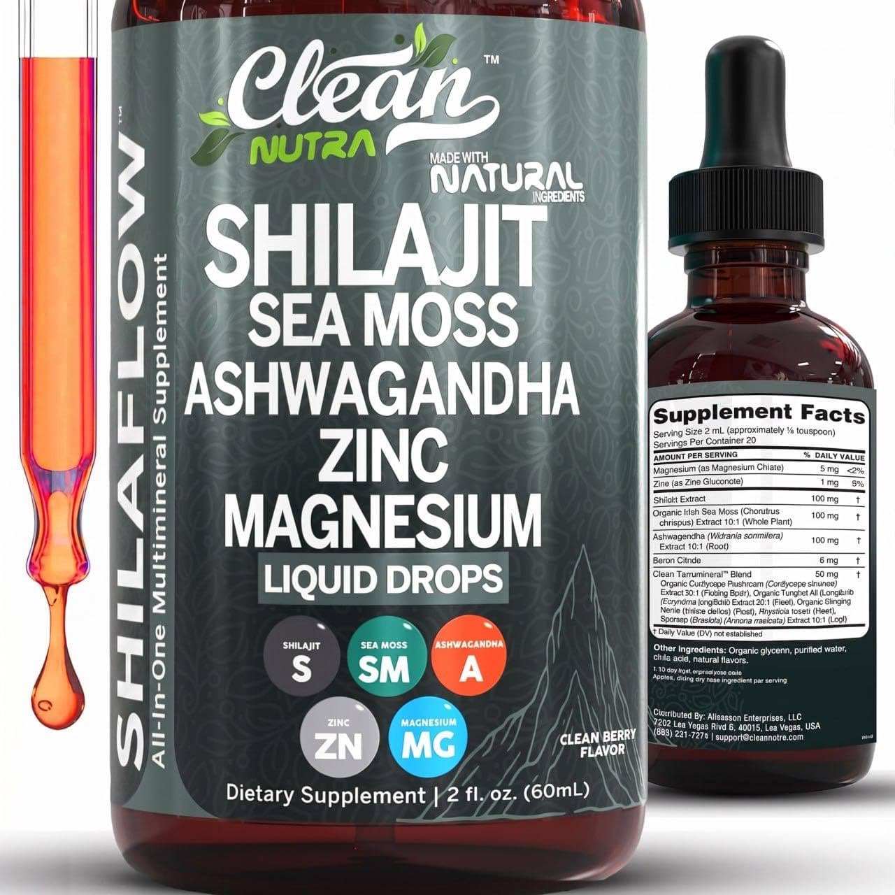ShilaFlow Shilajit Drops Líquido – Complejo de Shilajit con Sea Moss, Ashwagandha, Zinc, Magnesio y Boro