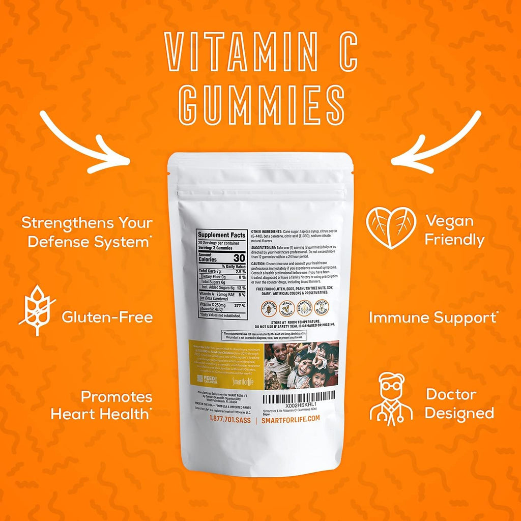 Smart for Life Vitamin C Gummies - Gomitas de Vitamina C Veganas con Sabor Naranja Natural - 60 Unidades