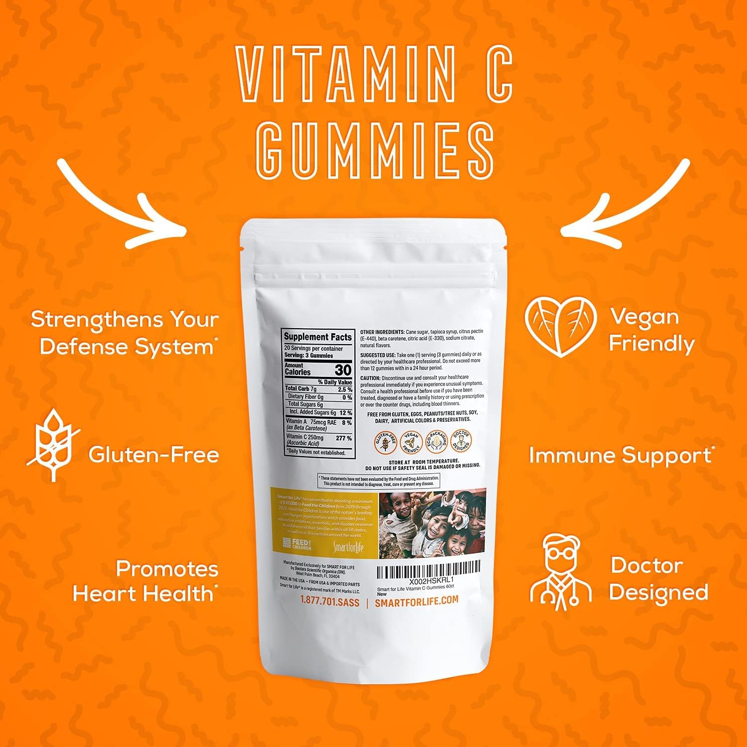 Smart for Life Vitamin C Gummies - Gomitas de Vitamina C Veganas con Sabor Naranja Natural - 60 Unidades