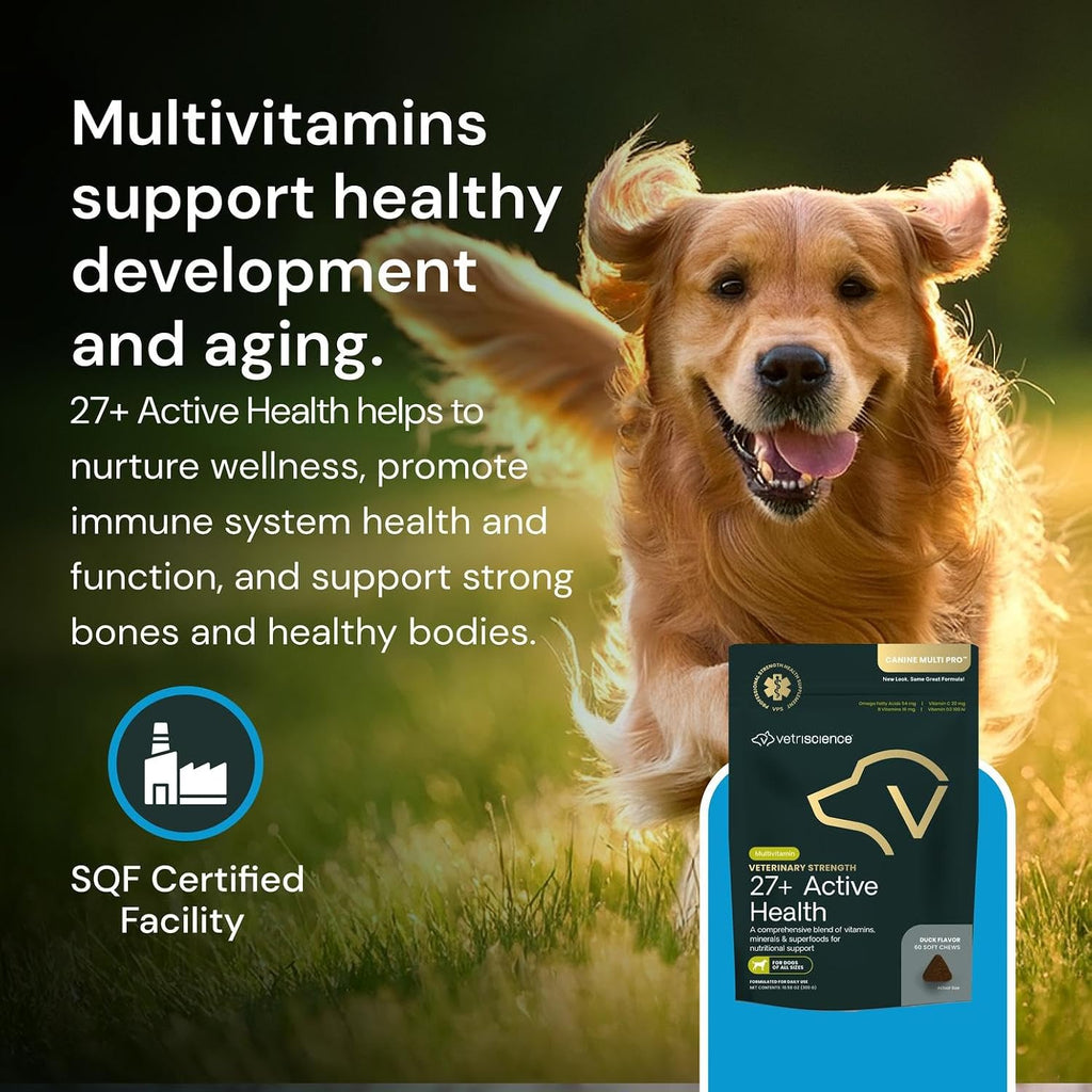 VetriScience Veterinary Strength 27+ Active Health Chews - Multivitamínico Completo para Perros - Apoyo Digestivo - Sabor a Pato - 60 Unidades