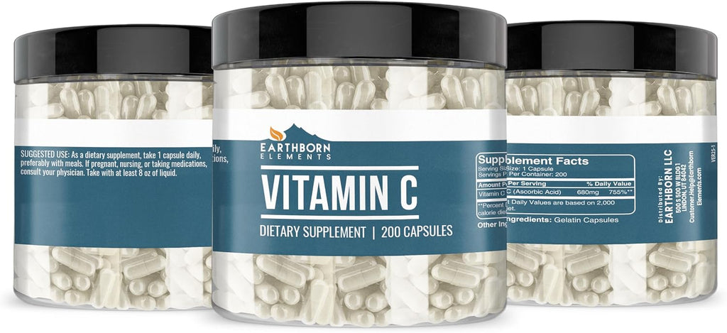 Earthborn Elements Vitamina C 200 Cápsulas, Pura y Sin Diluir, Sin Aditivos