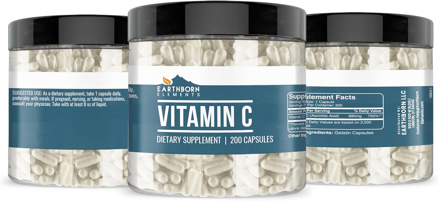 Earthborn Elements Vitamina C 200 Cápsulas, Pura y Sin Diluir, Sin Aditivos