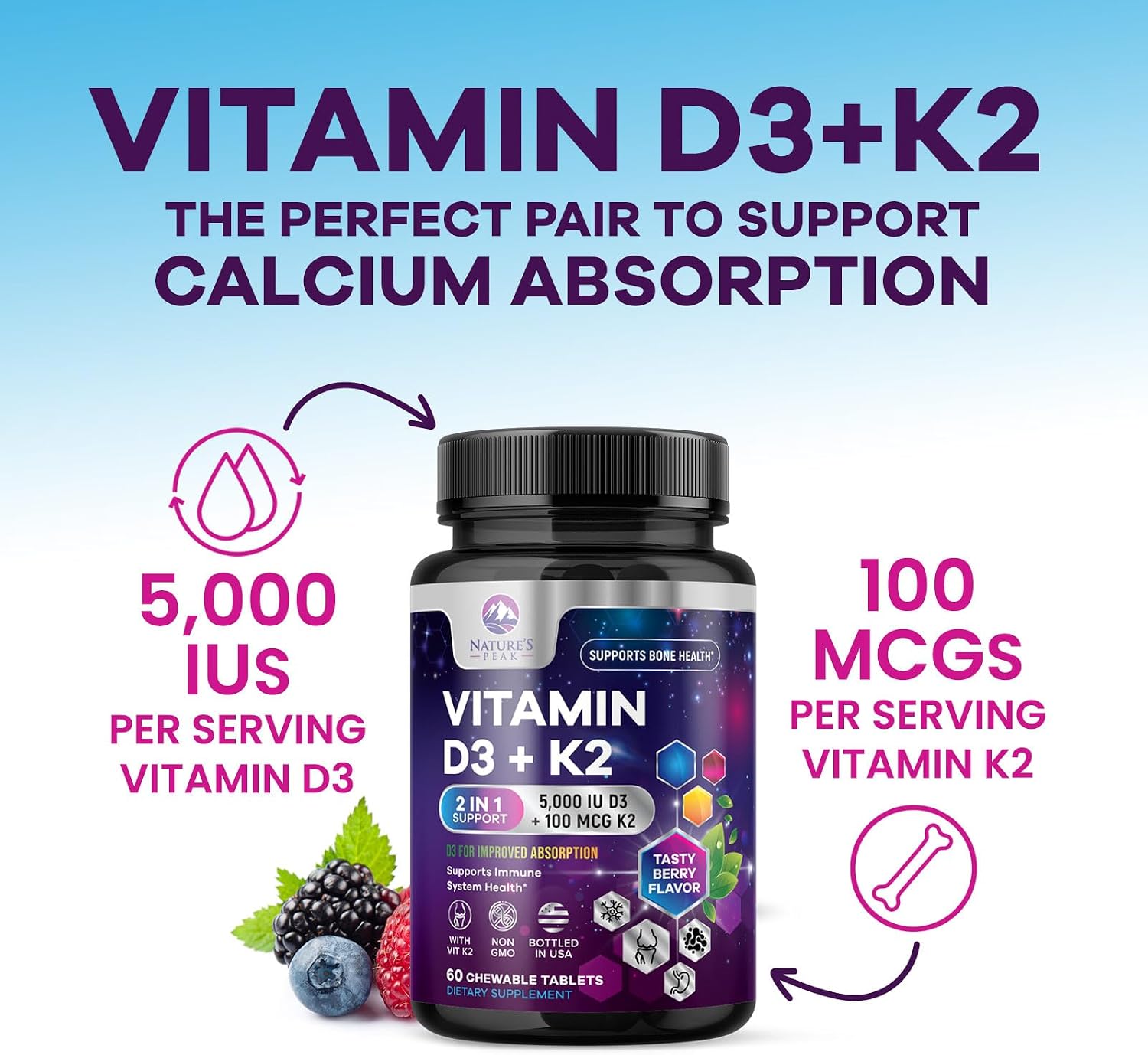 Nature's Peak Vitamina D3 K2 5000 UI + 100 mcg MK-7 - 60 Comprimidos Masticables Sabor Baya