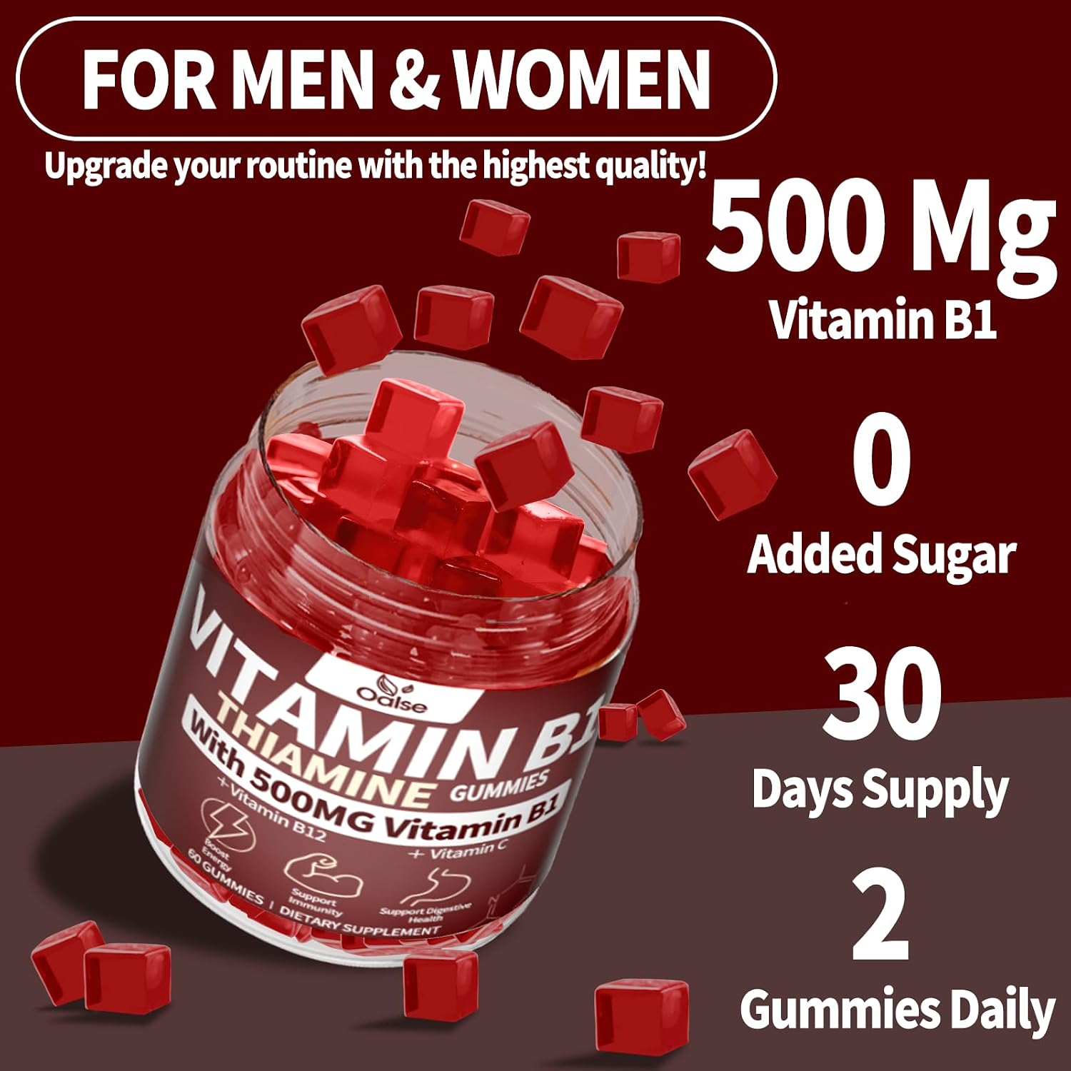 OALSE Gominolas de Tiamina Vitamina B1 - 500mg, Veganas, Sin Azúcar, Sabor a Bayas Mixtas, 60 Unidades