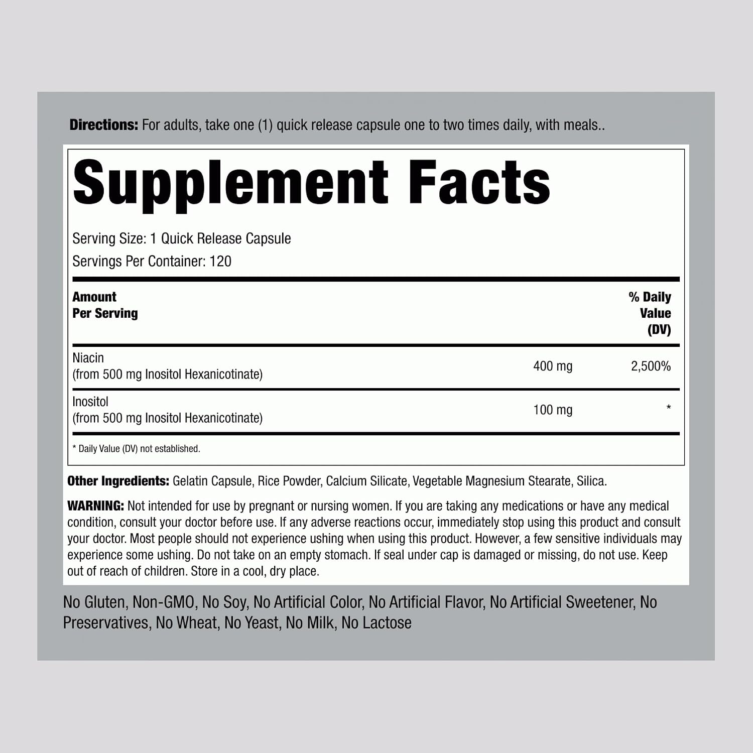 Lindberg Niacina 500mg Sin Enrojecimiento | 120 Cápsulas | Suplemento de Vitamina B3 | Como Hexanicotinato de Inositol | Sin OGM, Sin Gluten