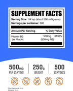 BulkSupplements.com Polvo de Niacina – Suplemento de Vitamina B3, Enrojecimiento por Niacina – Sin Gluten, 500mg por Dosis, 250g