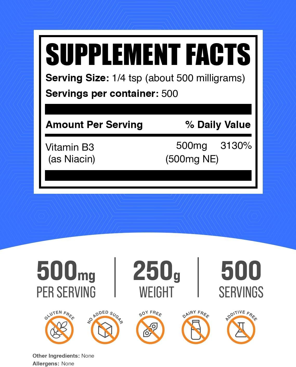 BulkSupplements.com Polvo de Niacina – Suplemento de Vitamina B3, Enrojecimiento por Niacina – Sin Gluten, 500mg por Dosis, 250g