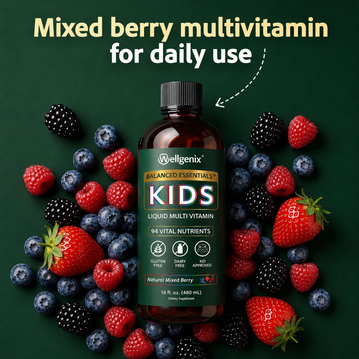 Wellgenix Balanced Essentials Kids Liquid Multivitamin - Multivitamínico Líquido Infantil con 94 Nutrientes, 473 ml