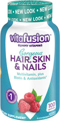 Vitafusion Gorgeous Hair, Skin & Nails Multivitamínico, Frambuesa 100 Gomitas (Paquete de 2)