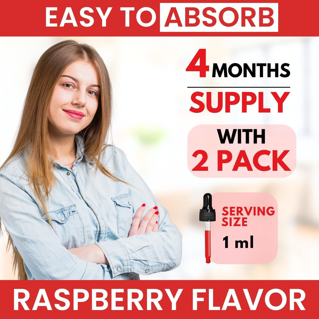 Vitamina B12 con Complejo B 20 mg - Gotas Líquidas Sabor Frambuesa - Vegano, Sublingual - Metilcobalamina - 4 Meses de Suministro