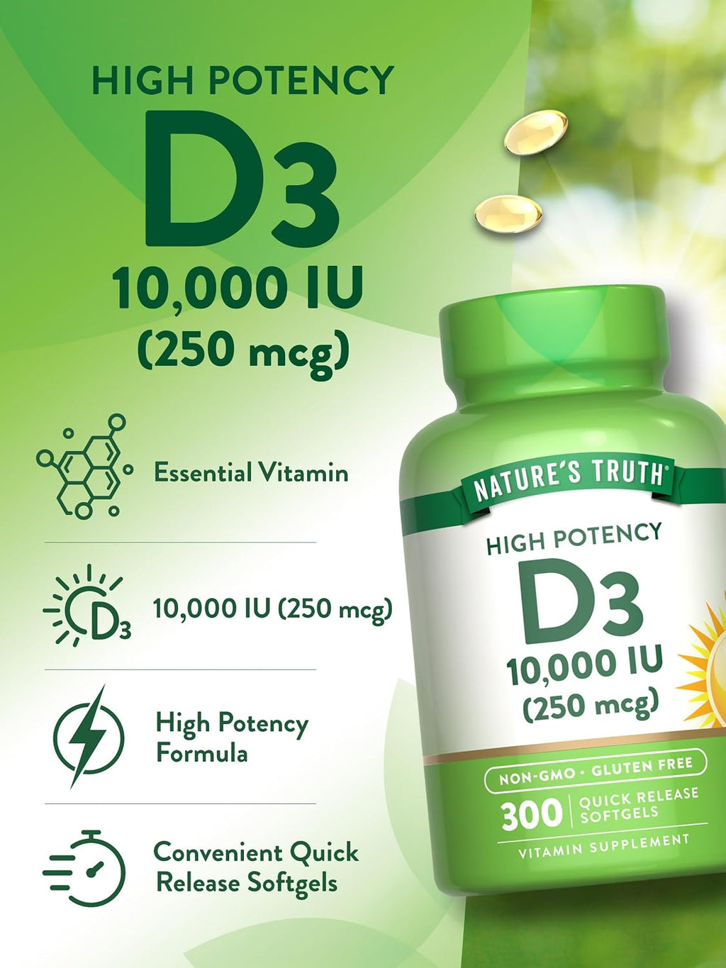 Nature's Truth Vitamina D3 10000 UI Cápsulas Blandas | 300 Unidades | Alta Concentración | No-GMO y Sin Gluten