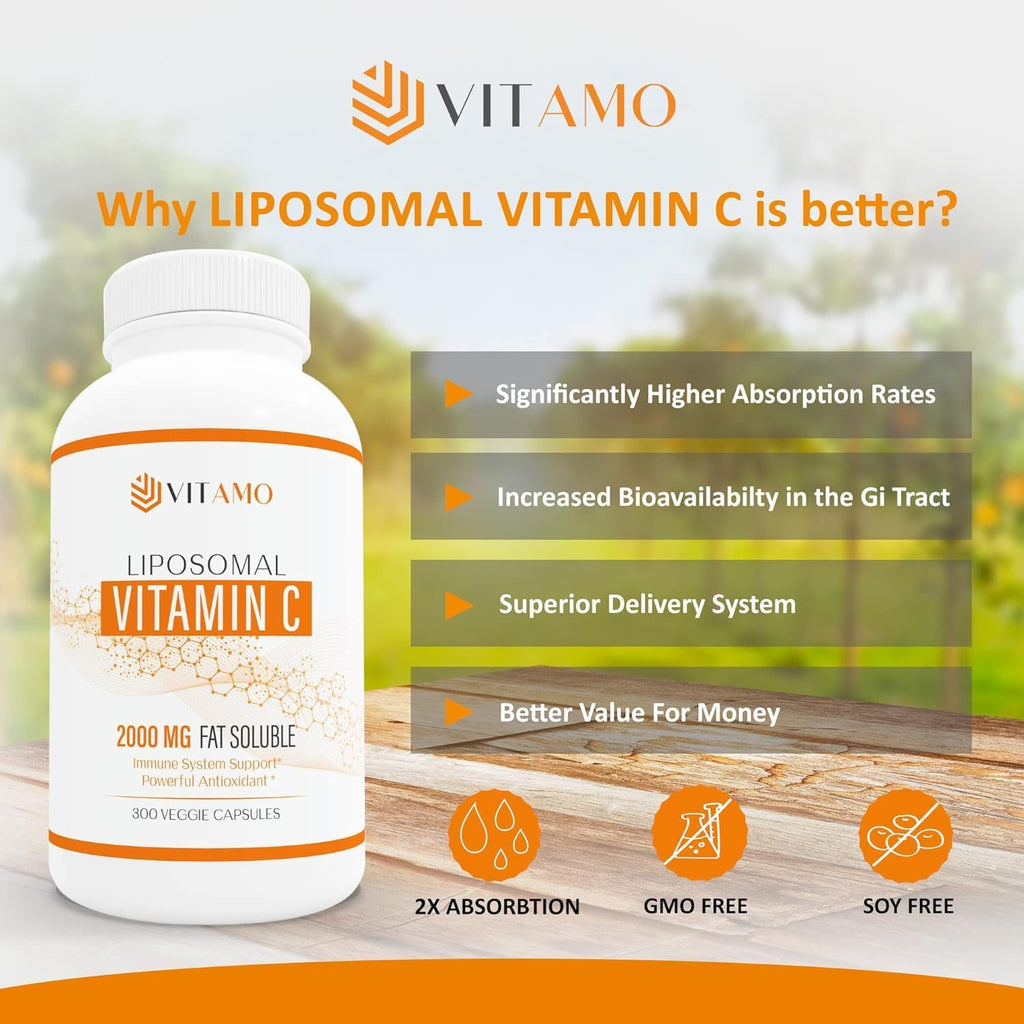 Vitamina C Liposomal 2000 mg - 300 Cápsulas - Alta Absorción - Sin Soja - No-GMO