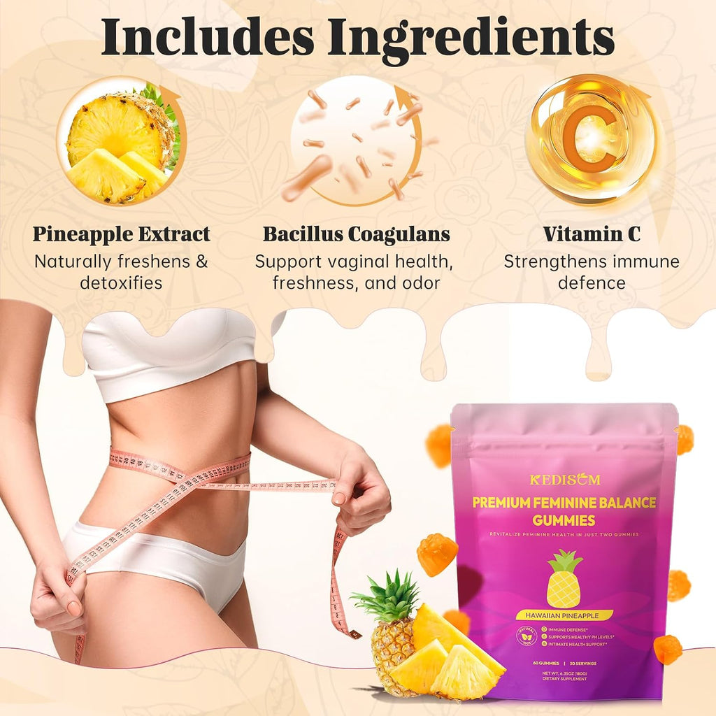 Premium Feminine Balance Gummies - Gominolas para el Bienestar Femenino con Probióticos - Sabor Piña Hawaiana - 60 Gominolas - 30 Dosis
