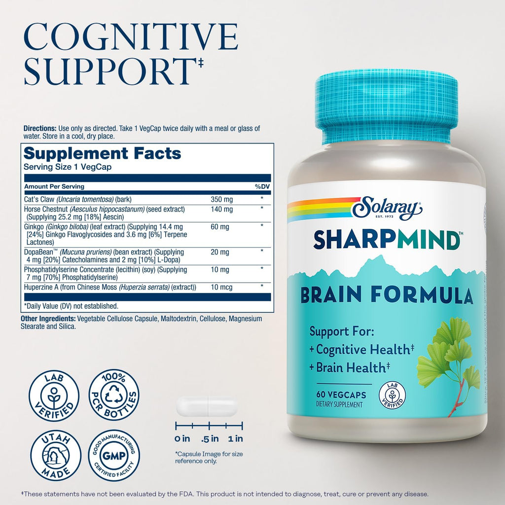 Solaray SharpMind Fórmula de Apoyo Cerebral - Suplemento Nootrópico para la Salud del Cerebro
