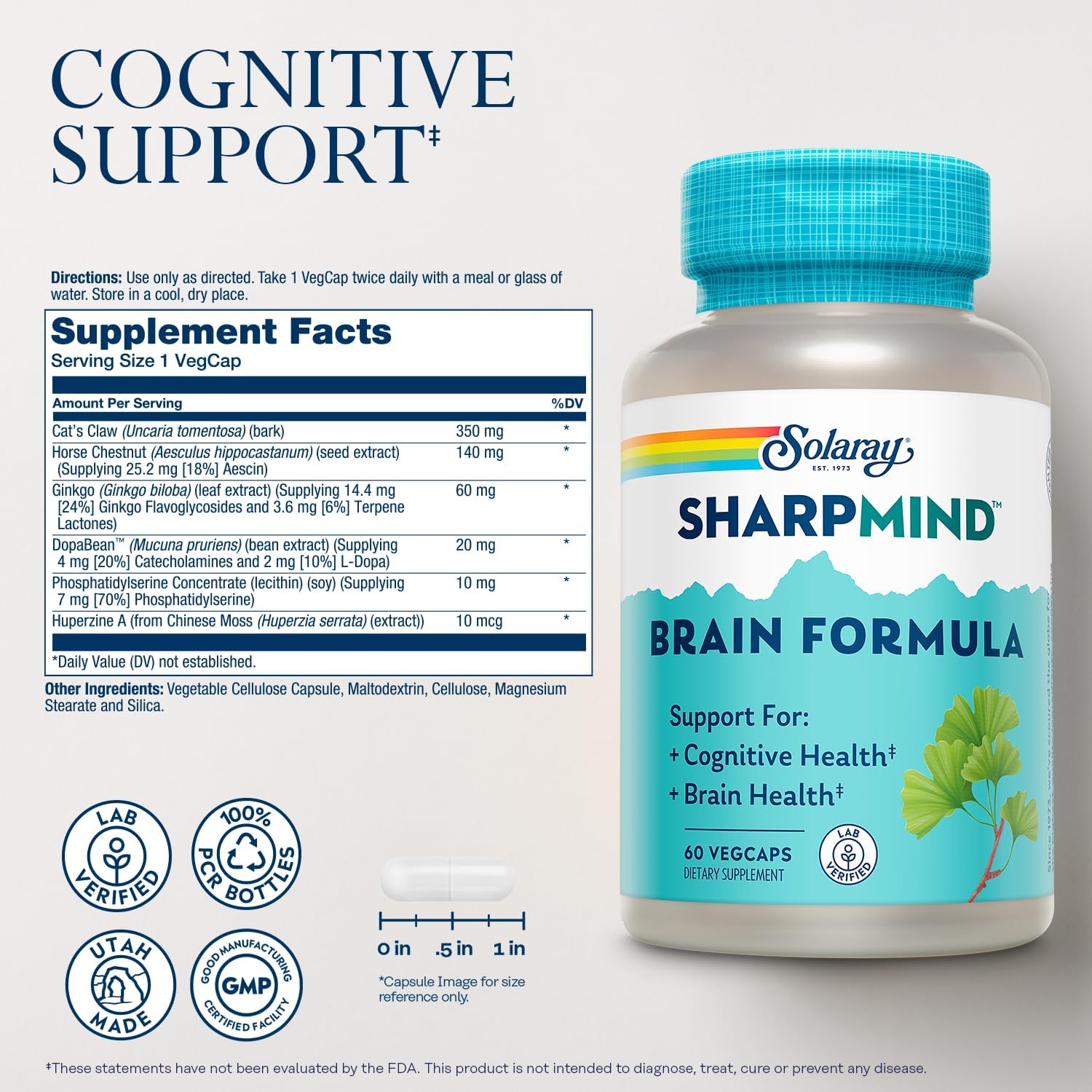Solaray SharpMind Fórmula de Apoyo Cerebral - Suplemento Nootrópico para la Salud del Cerebro