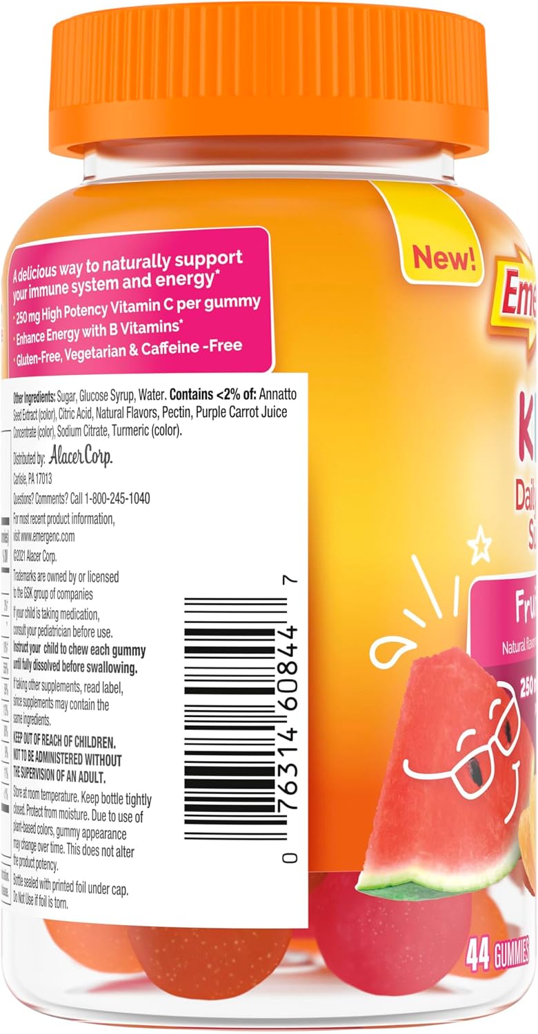 Emergen-C Kidz Gominolas de Apoyo Inmunológico Diario con Vitamina C y Vitaminas B, Sabor Fiesta de Frutas - 44 Gomitas