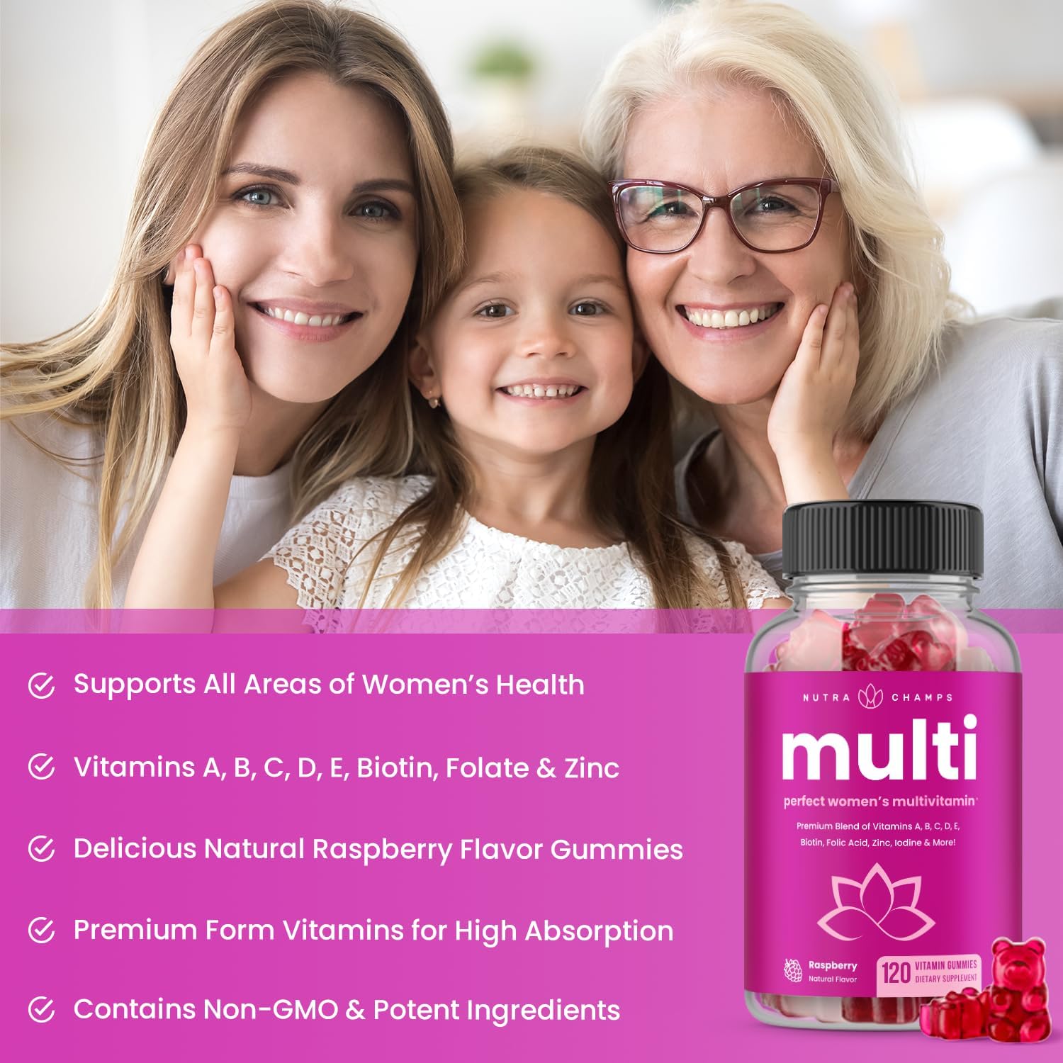 NutraChamps Multivitamínico para Mujeres - 120 Gominolas - Vitaminas A, B, C, D, E, Biotina, Ácido Fólico
