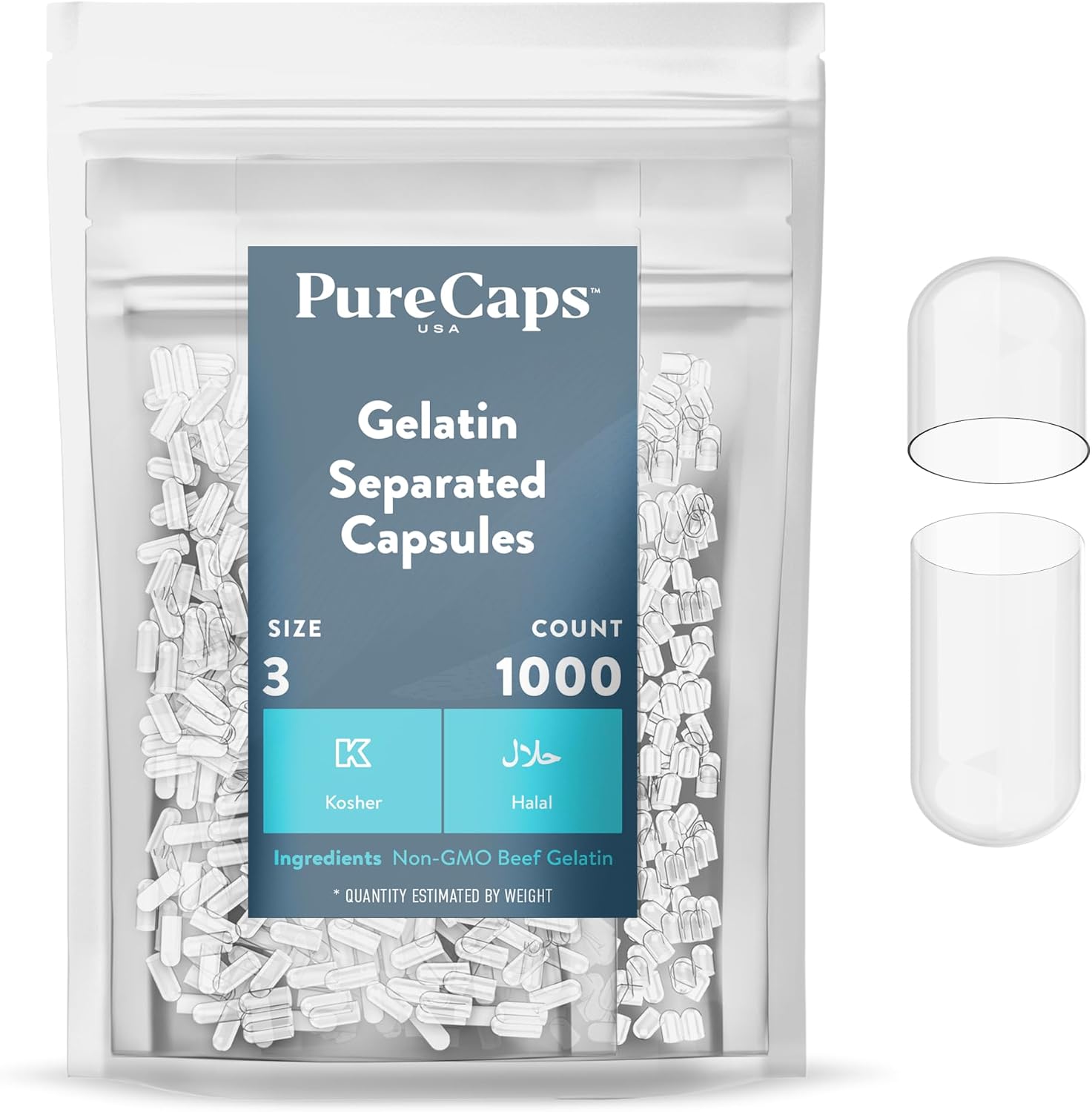 PureCaps USA - Cápsulas de Gelatina Vacías Tamaño 3 | 1000 Cápsulas Separadas | Transparentes | Certificadas Non-GMO | Sin SLS, Gluten, Conservantes