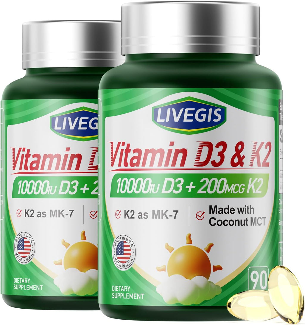 Cápsulas blandas de Vitamina D3 10000 UI con K2 (MK-7) 200 mcg y aceite de coco - 3 Paquetes (270 unidades)