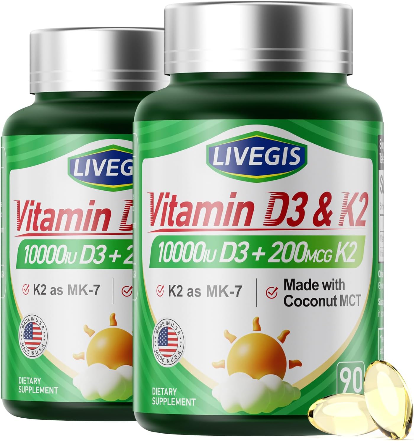 Cápsulas blandas de Vitamina D3 10000 UI con K2 (MK-7) 200 mcg y aceite de coco - 3 Paquetes (270 unidades)