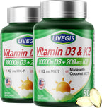 LIVEGIS Vitamina D3 K2, D3 10000 UI con K2 (MK-7) 200 mcg y Aceite de Coco, 180 Cápsulas Blandas (2 Envases)