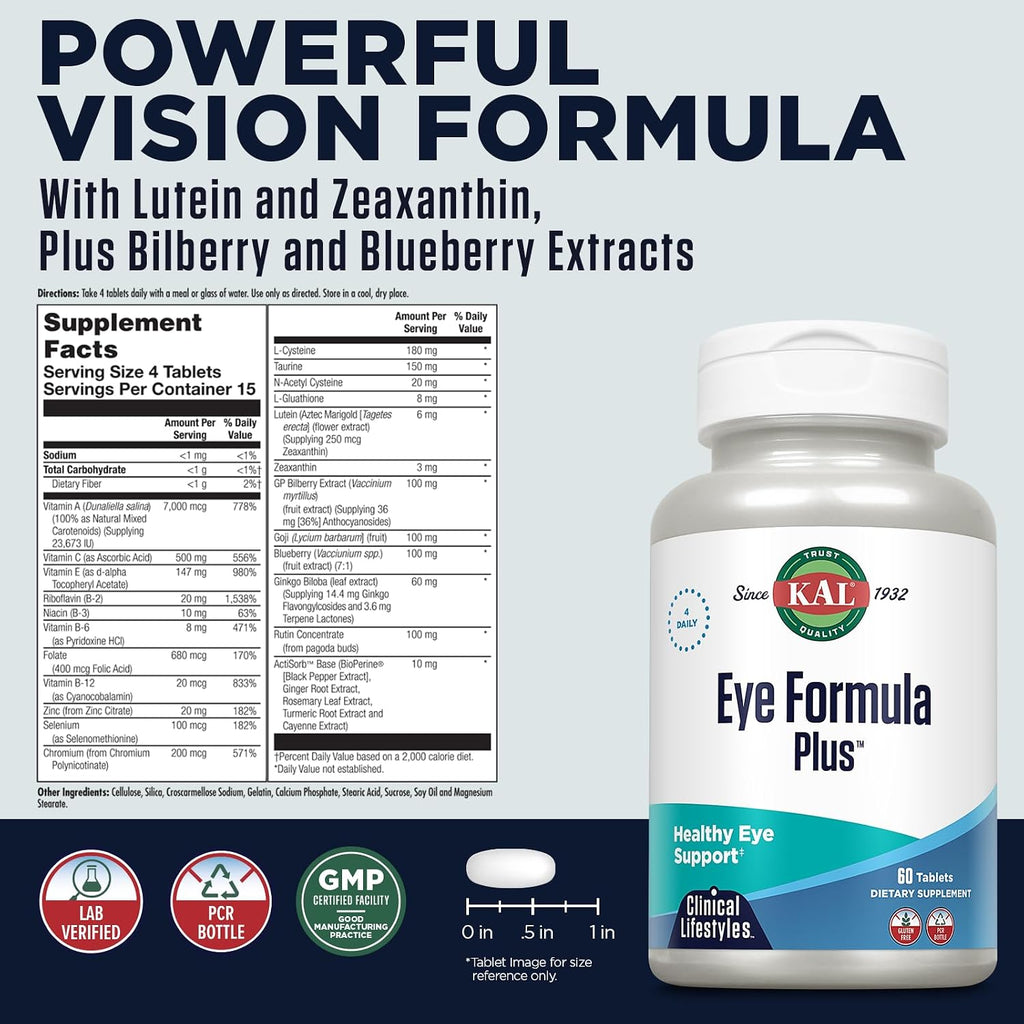 KAL Eye Formula Plus - Complemento Ocular con Luteína y Zeaxantina, 60 Comprimidos