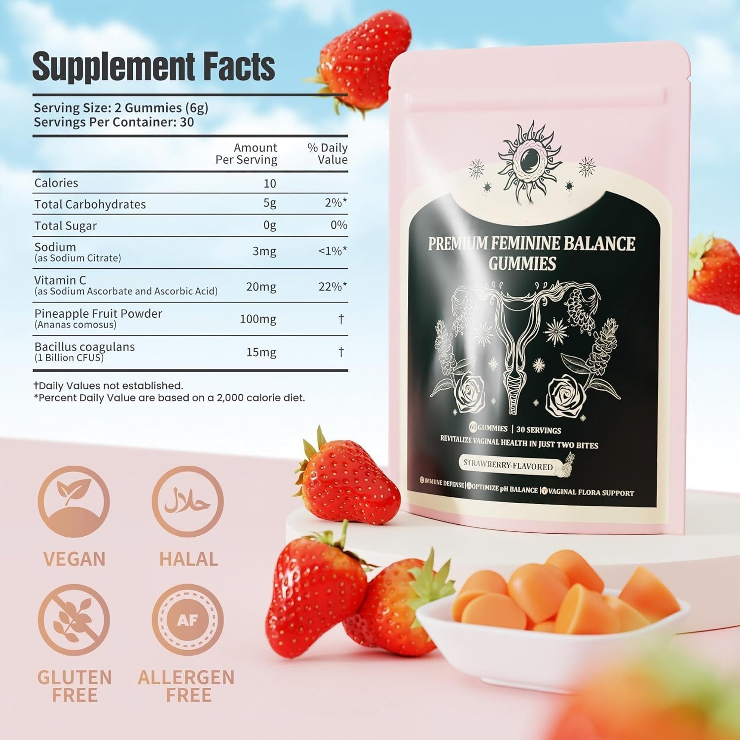 NIUSISE Feminine Balance Gummies - Gominolas para el equilibrio femenino, sabor fresa, vegano, sin gluten, 60 unidades