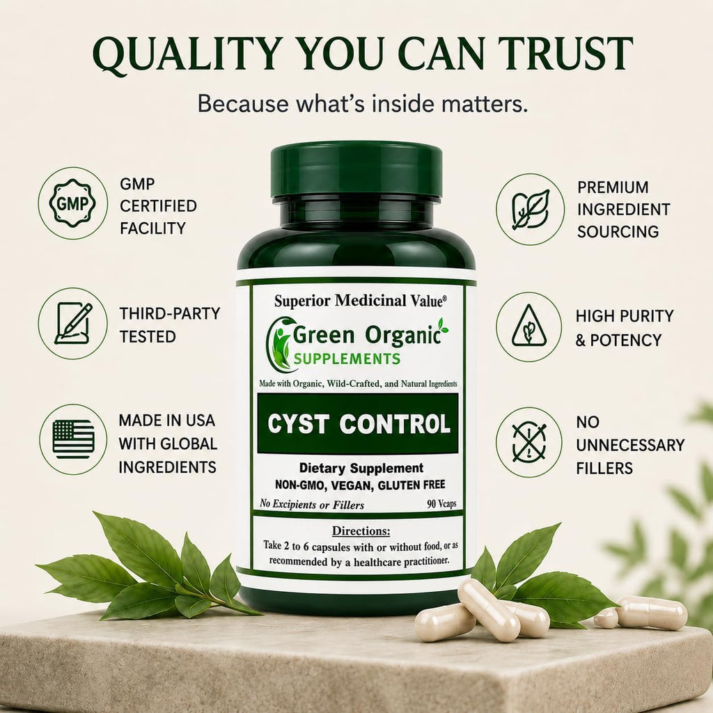 Green Organic Supplements Cyst, Breast Cyst, 90 cápsulas vegetales, Alta absorción, No-GMO, Sin gluten (Pack de 5)
