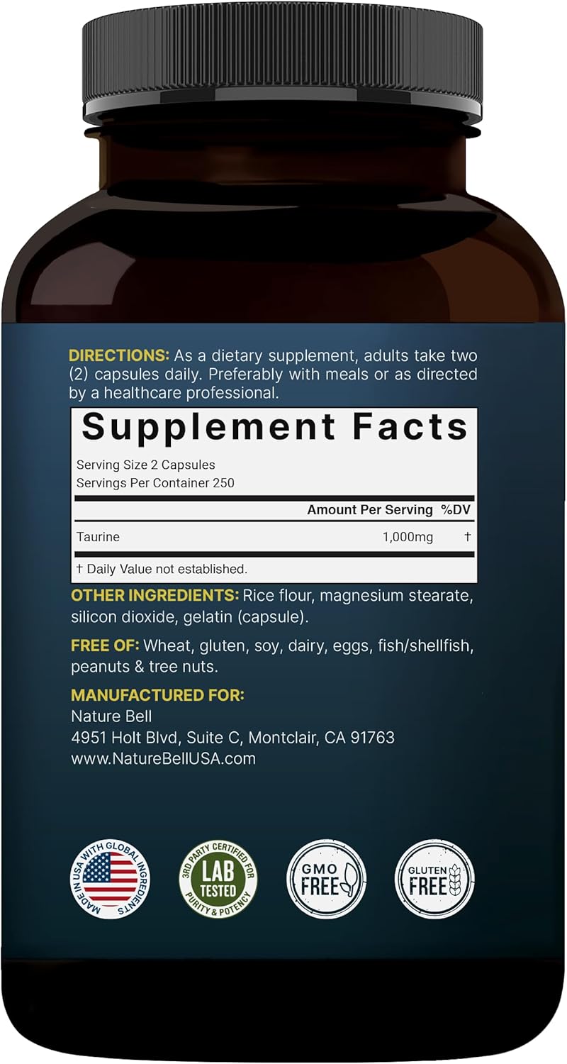 NatureBell Taurina 1.000mg por Dosis, 500 Cápsulas | Suplemento de Aminoácidos Esenciales