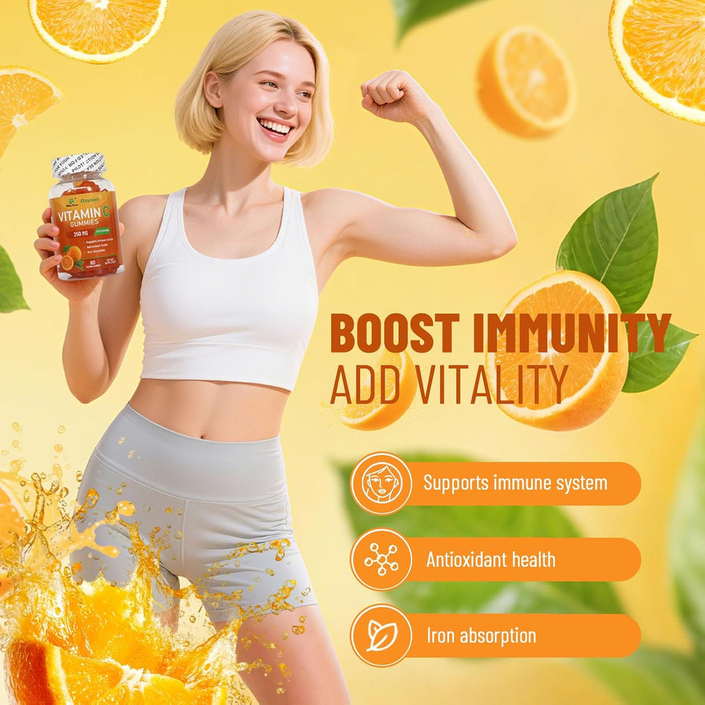 Vitamin C Gummies 250mg – 60 Gomitas con Sabor a Naranja para Adultos, Veganas, Sin Gluten