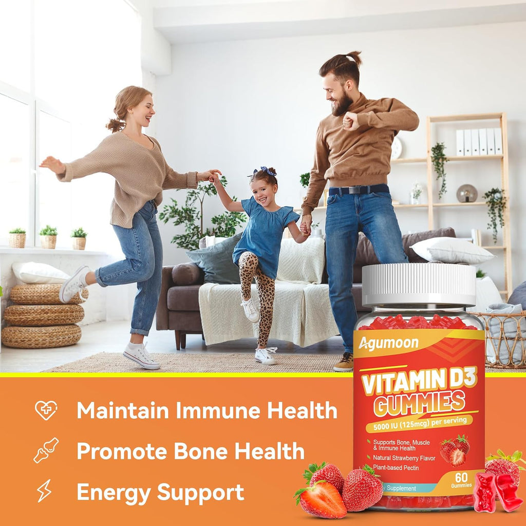 Agumoon Vitamina D3 5000 UI (125 mcg) Gomitas para Adultos - Apoyo Inmune, Huesos y Músculos - Sin Gluten, No GMO, 60 Gomitas Sabor Fresa