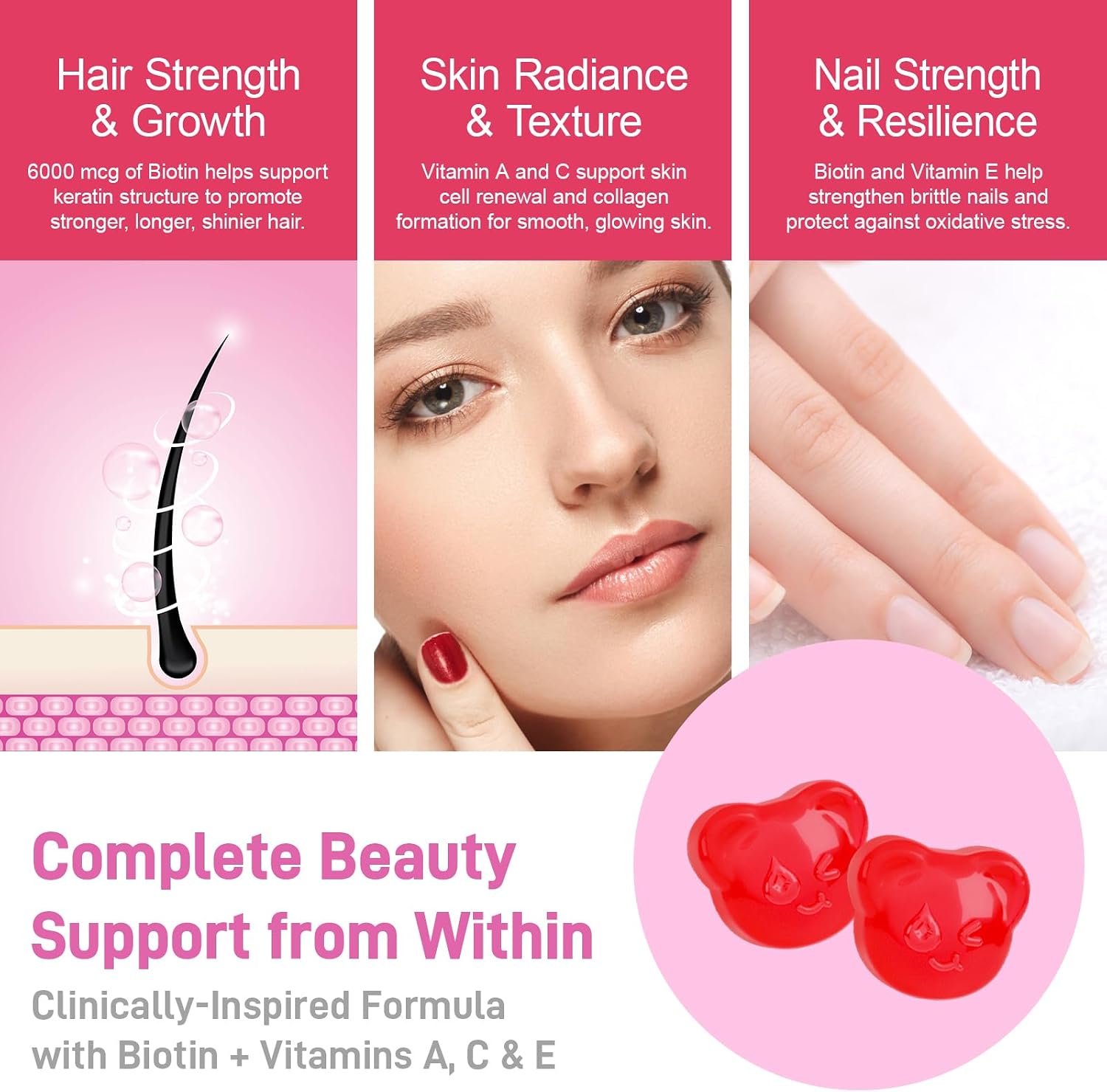 Biobor Natural Biotina 6000mcg Gominolas sin Azúcar, Cabello Piel y Uñas con Vitaminas A C E, 60 Gominolas Sabor Fresa